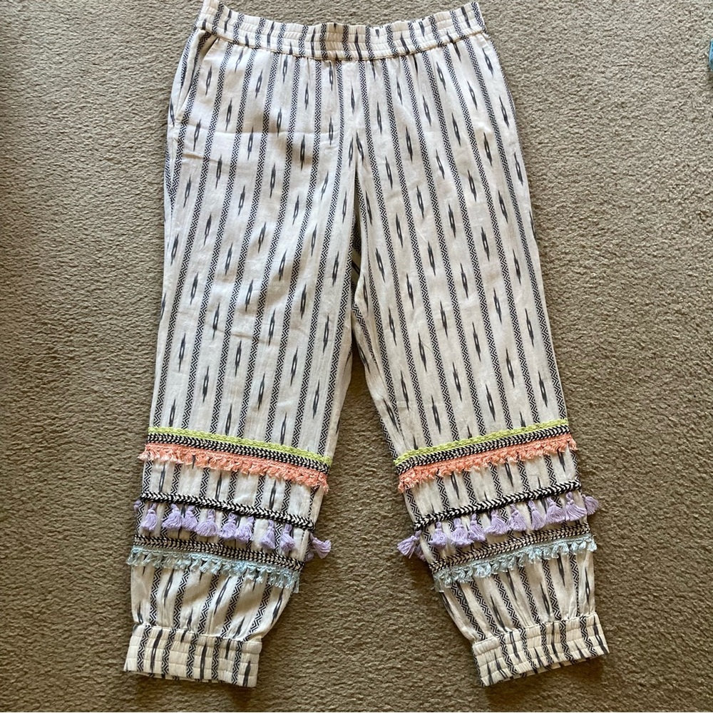 Alice + Olivia Tassel Fringe Ikat Boho 100% Cotton Jogger Pants, NWT Sz XL